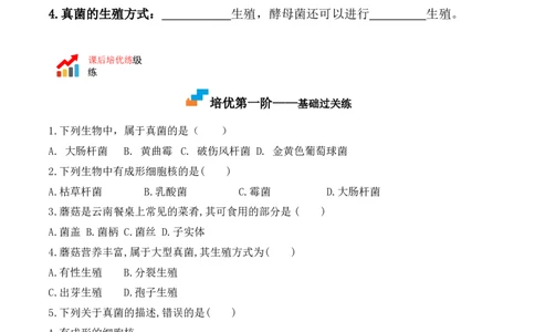 5.4.3真菌-2022-2023学年八年级生物上册课后培优分级练（人教版）（原卷版）_1、初中学习资料_4-6、生物_4-6-3、初二生物上册_1、同步练习（50份）