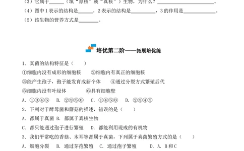 5.4.3真菌-2022-2023学年八年级生物上册课后培优分级练（人教版）（原卷版）_1、初中学习资料_4-6、生物_4-6-3、初二生物上册_1、同步练习（50份）