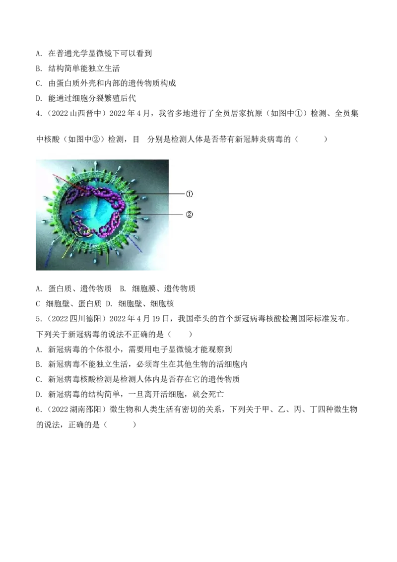5.5病毒-2022-2023学年八年级生物上册课后培优分级练（人教版）（原卷版）_1、初中学习资料_4-6、生物_4-6-3、初二生物上册_1、同步练习（50份）