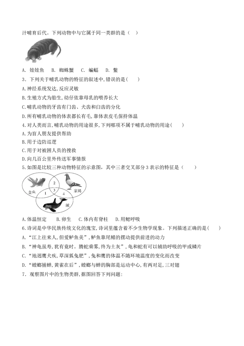 5.1.7哺乳动物-2022-2023学年八年级生物上册课后培优分级练（人教版）（原卷版）_1、初中学习资料_4-6、生物_4-6-3、初二生物上册_1、同步练习（50份）