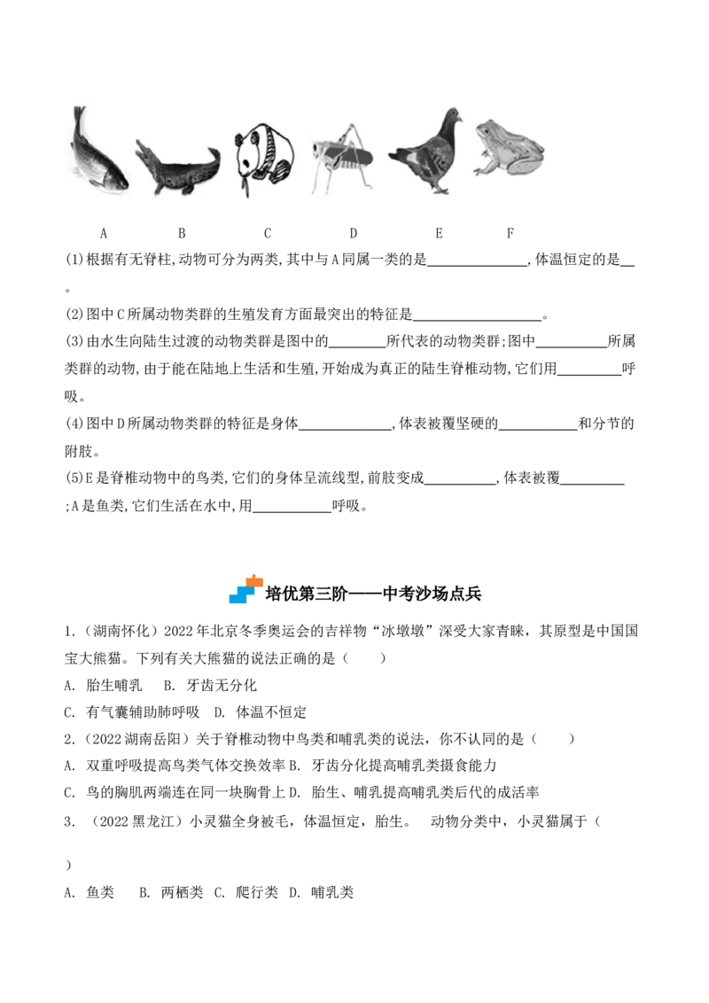 5.1.7哺乳动物-2022-2023学年八年级生物上册课后培优分级练（人教版）（原卷版）_1、初中学习资料_4-6、生物_4-6-3、初二生物上册_1、同步练习（50份）