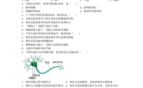 4.6.2神经系统的组成-练学堂2021-2022学年七年级生物下学期同步习题精练（人教版）（原卷版）_1、初中学习资料_4-6、生物_4-6-2、初一生物下册_同步练习（89份）