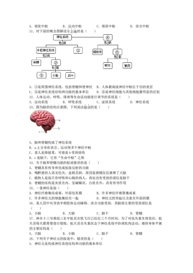 4.6.2神经系统的组成-练学堂2021-2022学年七年级生物下学期同步习题精练（人教版）（原卷版）_1、初中学习资料_4-6、生物_4-6-2、初一生物下册_同步练习（89份）