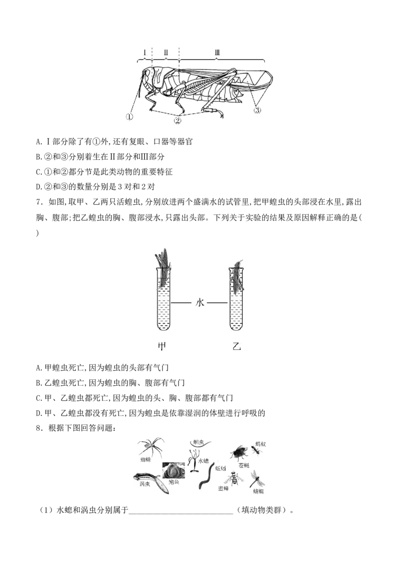 5.1.3软体动物和节肢动物-2022-2023学年八年级生物上册课后培优分级练（人教版）（原卷版）_1、初中学习资料_4-6、生物_4-6-3、初二生物上册_1、同步练习（50份）