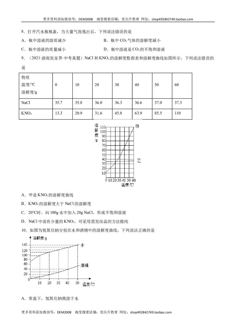 9.2.2溶解度和溶解度曲线（人教版）（原卷版）_1、初中学习资料_4-5、化学_4-5-5、初三化学下册_人教化学九年级下课时练习（072份）_九年级化学下册同步课时轻松过（人教版）