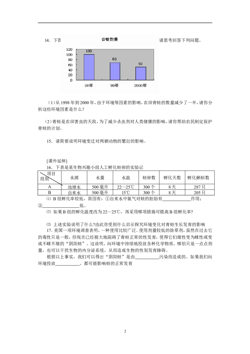 7.1.3两栖动物的生殖和发育同步练习1含答案_1、初中学习资料_4-6、生物_4-6-4、初二生物下册_1、同步练习（67份）_赠送同步练习53份_7.1生物的生殖和发育_第3节两栖动物的生殖和发育
