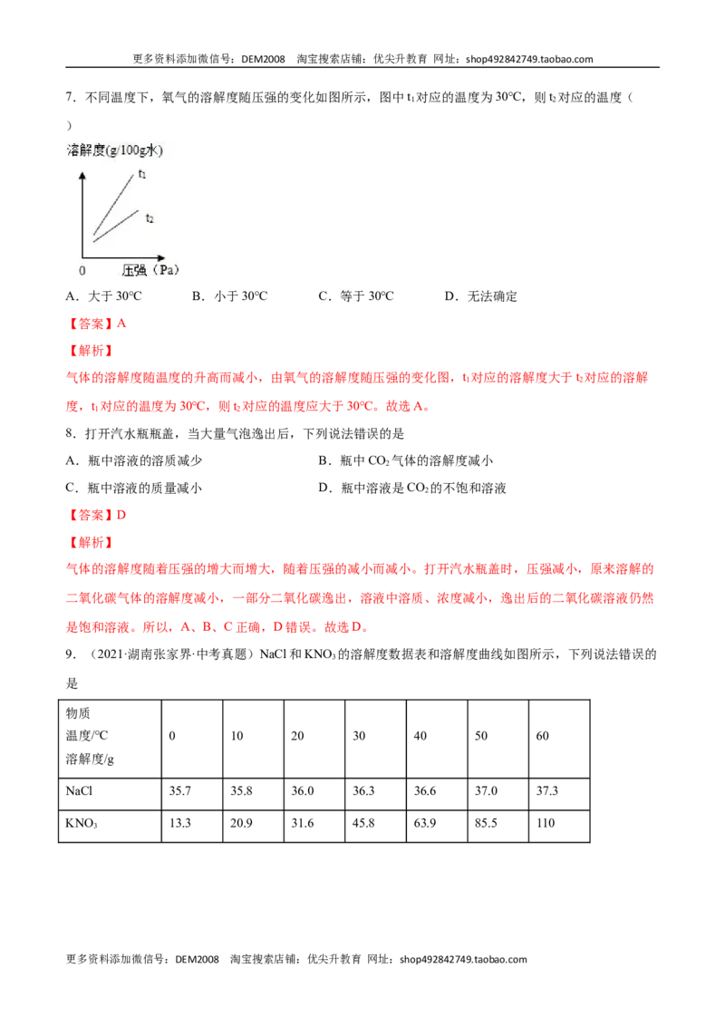 9.2.2溶解度和溶解度曲线（人教版）（解析版）_1、初中学习资料_4-5、化学_4-5-5、初三化学下册_人教化学九年级下课时练习（072份）_九年级化学下册同步课时轻松过（人教版）
