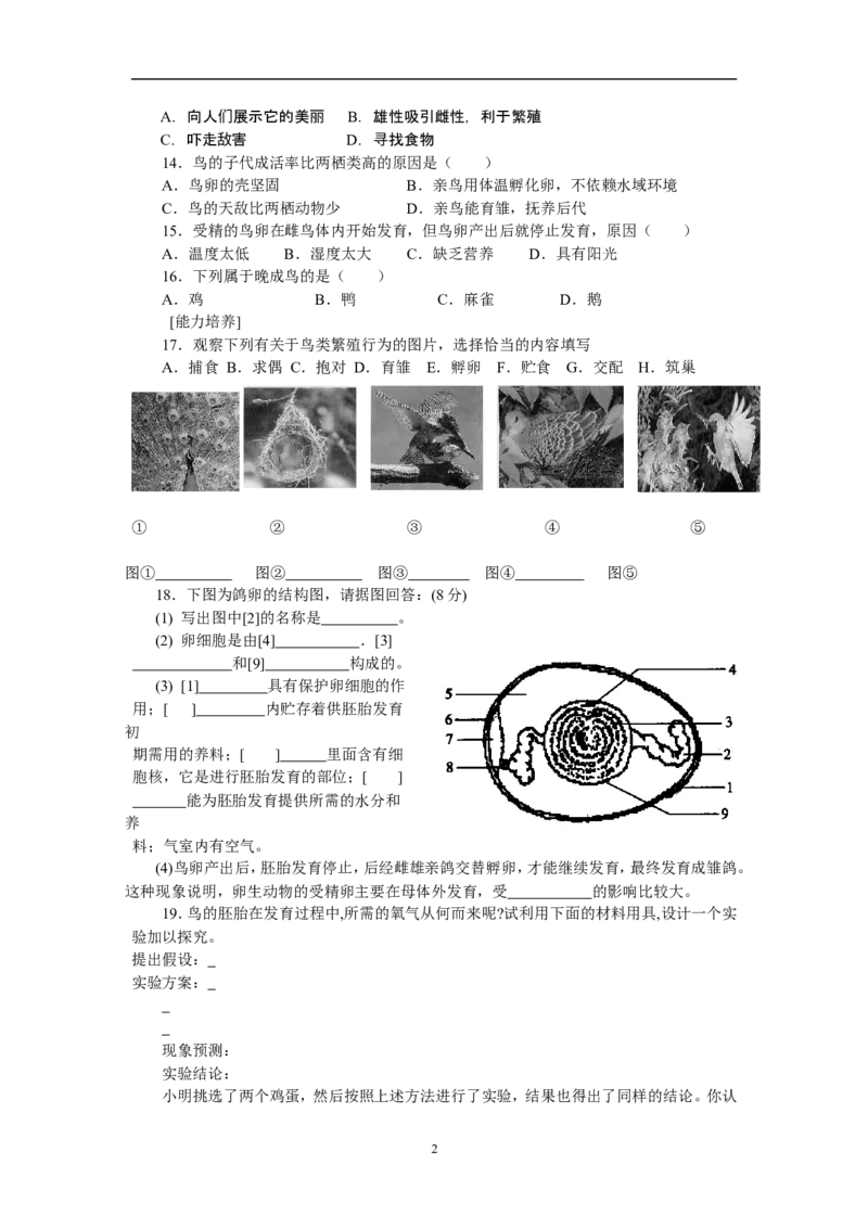 7.1.4《鸟的生殖和发育》同步练习4_1、初中学习资料_4-6、生物_4-6-4、初二生物下册_1、同步练习（67份）_赠送同步练习53份_7.1生物的生殖和发育_第4节鸟的生殖和发育