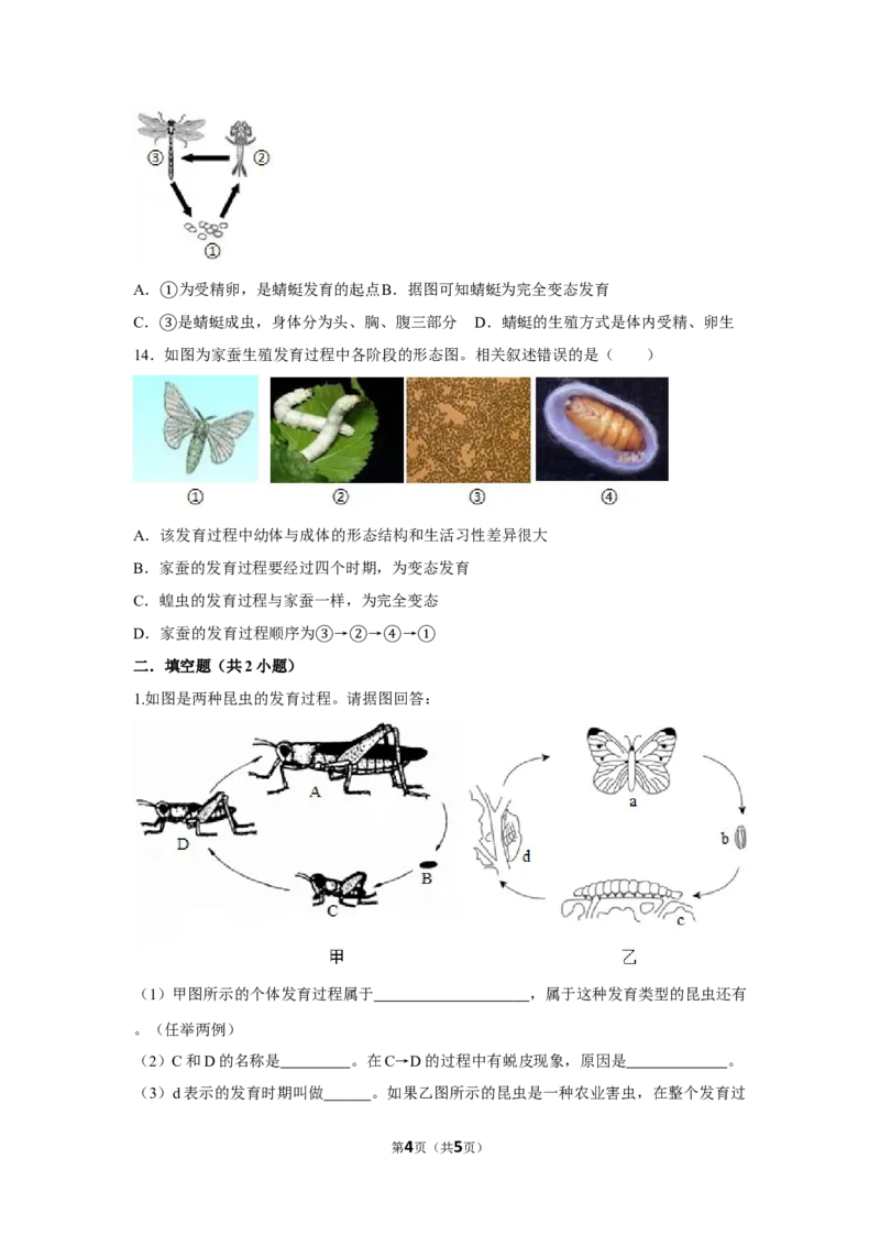 7.1.2昆虫的生殖和发育-2020-2021学年八年级下册生物10分钟达标练习（人教版）（原卷版）_1、初中学习资料_4-6、生物_4-6-4、初二生物下册_1、同步练习（67份）_达标练习（人教版）（14份）