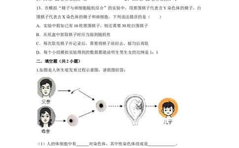 7.2.4人的性别遗传-2020-2021学年八年级下册生物10分钟达标练习（人教版）（原卷版）_1、初中学习资料_4-6、生物_4-6-4、初二生物下册_1、同步练习（67份）_达标练习（人教版）（14份）