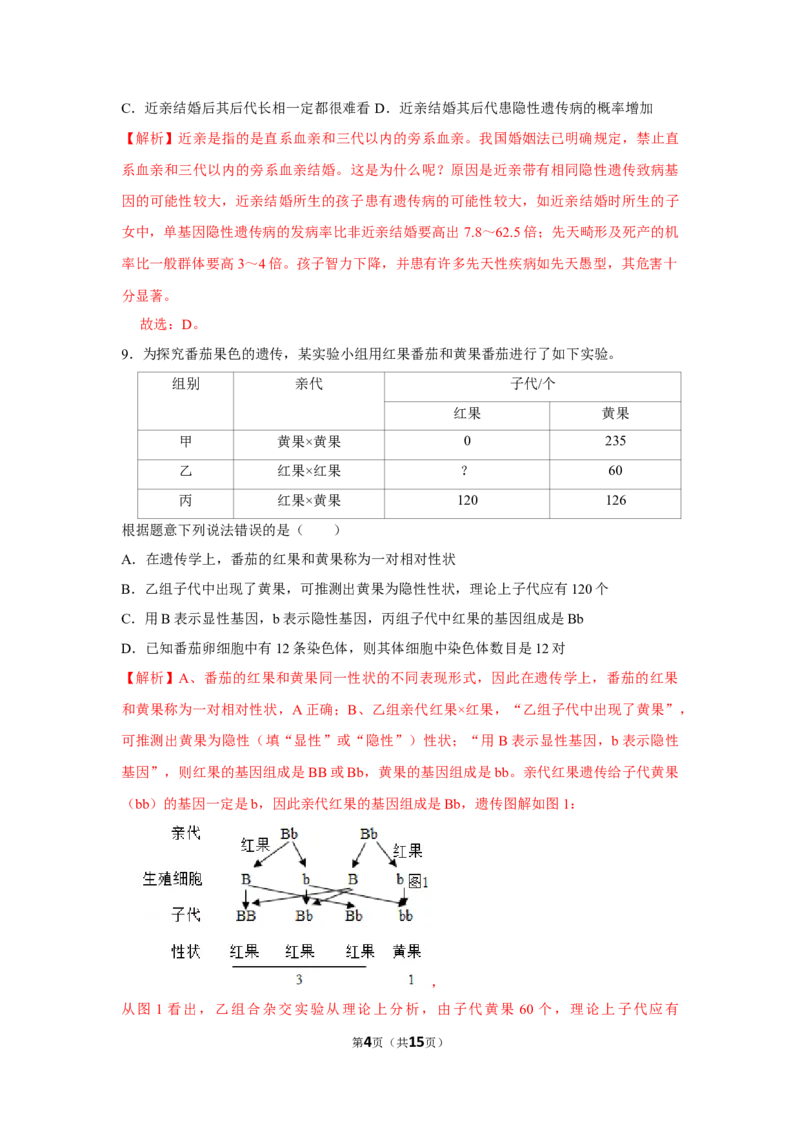 7.2.3基因的显性和隐性-2020-2021学年八年级下册生物10分钟达标练习（人教版）（解析版）_1、初中学习资料_4-6、生物_4-6-4、初二生物下册_1、同步练习（67份）_达标练习（人教版）（14份）
