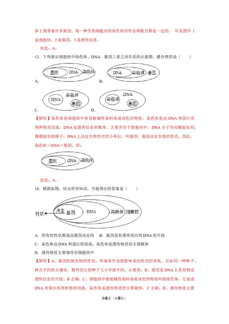7.2.2基因在亲子代间的传递-2020-2021学年八年级下册生物10分钟达标练习（人教版）（解析版）_1、初中学习资料_4-6、生物_4-6-4、初二生物下册_1、同步练习（67份）