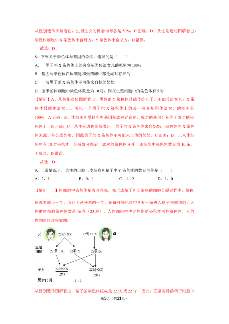 7.2.4人的性别遗传-2020-2021学年八年级下册生物10分钟达标练习（人教版）（解析版）_1、初中学习资料_4-6、生物_4-6-4、初二生物下册_1、同步练习（67份）_达标练习（人教版）（14份）