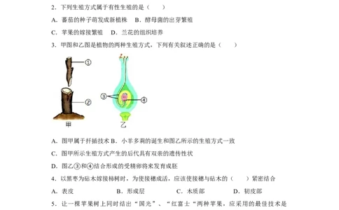 7.1.1植物的生殖-2020-2021学年八年级下册生物10分钟达标练习（人教版）（原卷版）_1、初中学习资料_4-6、生物_4-6-4、初二生物下册_1、同步练习（67份）_达标练习（人教版）（14份）