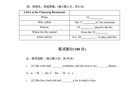 Unit1综合能力检测卷_1、初中学习资料_4-3、英语_4-3-4、初二英语下册_人教英语八年级下单元试卷（050份）_单元测试卷2（有听力）_Unit1What&rsquo;sthematter_单元测试卷（含听力MP3）