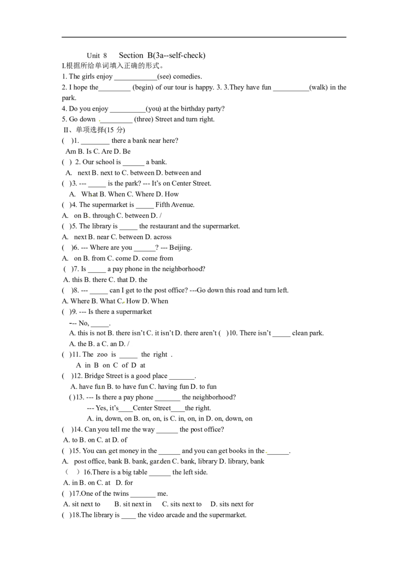 Unit8SectionB(3a--self-check)_1、初中学习资料_4-3、英语_4-3-2、初一英语下册_人教英语七年级下课时练习（072份）_同步练习1_Unit8Isthereapostofficenearhere（含答案，4份）