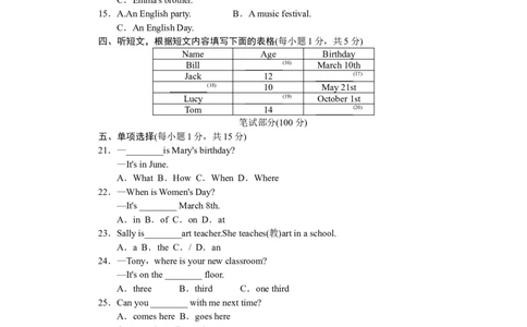 Unit8标准检测卷_1、初中学习资料_4-3、英语_4-3-1、初一英语上册_人教英语七年级上单元试卷（092份）_单元测试卷5（有听力）