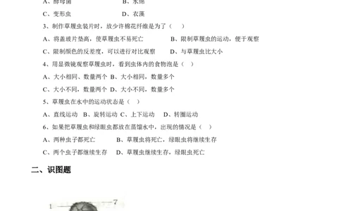 《单细胞生物》习题2含答案_1、初中学习资料_4-6、生物_4-6-1、初一生物上册_同步练习-138份_2、同步练习第2套115份_第2单元生物体的结构层次_2.2.4单细胞生物