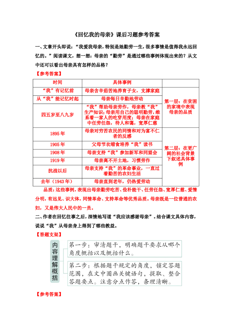 《回忆我的母亲》课后习题参考答案_1、初中学习资料_2024秋改版_人教七上语文新版课件_3.课件PPT04套_4.第四单元_14回忆我的母亲考点精讲版