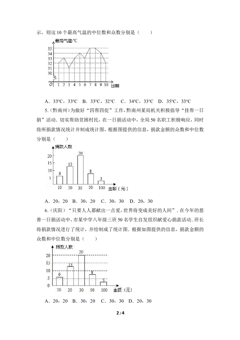 《从统计图分析数据的集中趋势》真题专项练习-选择题_1、初中学习资料_4-2、数学_北师大版_北师大版初中数学8上_八年级上学期数学北师大版单元测试题_第六章数据的分析