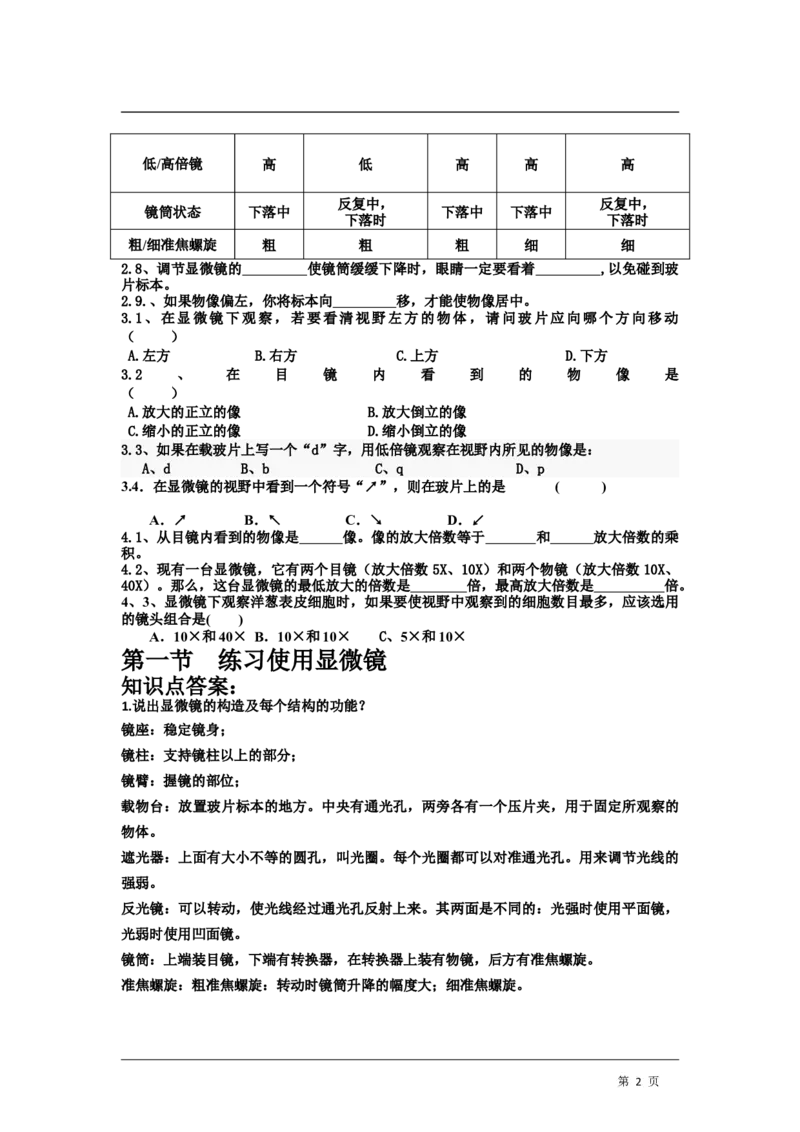 《练习使用显微镜》习题5含答案_1、初中学习资料_4-6、生物_4-6-1、初一生物上册_同步练习-138份_2、同步练习第2套115份_第2单元生物体的结构层次_2.1.1练习使用显微镜