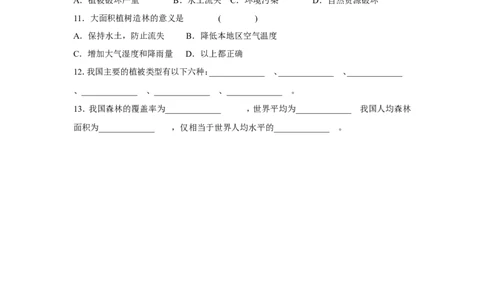 《爱护植被，绿化祖国》习题1无答案_1、初中学习资料_4-6、生物_4-6-1、初一生物上册_同步练习-138份_2、同步练习第2套115份_第3单元生物圈中的绿色植物_3.6爱护植被，绿化祖国