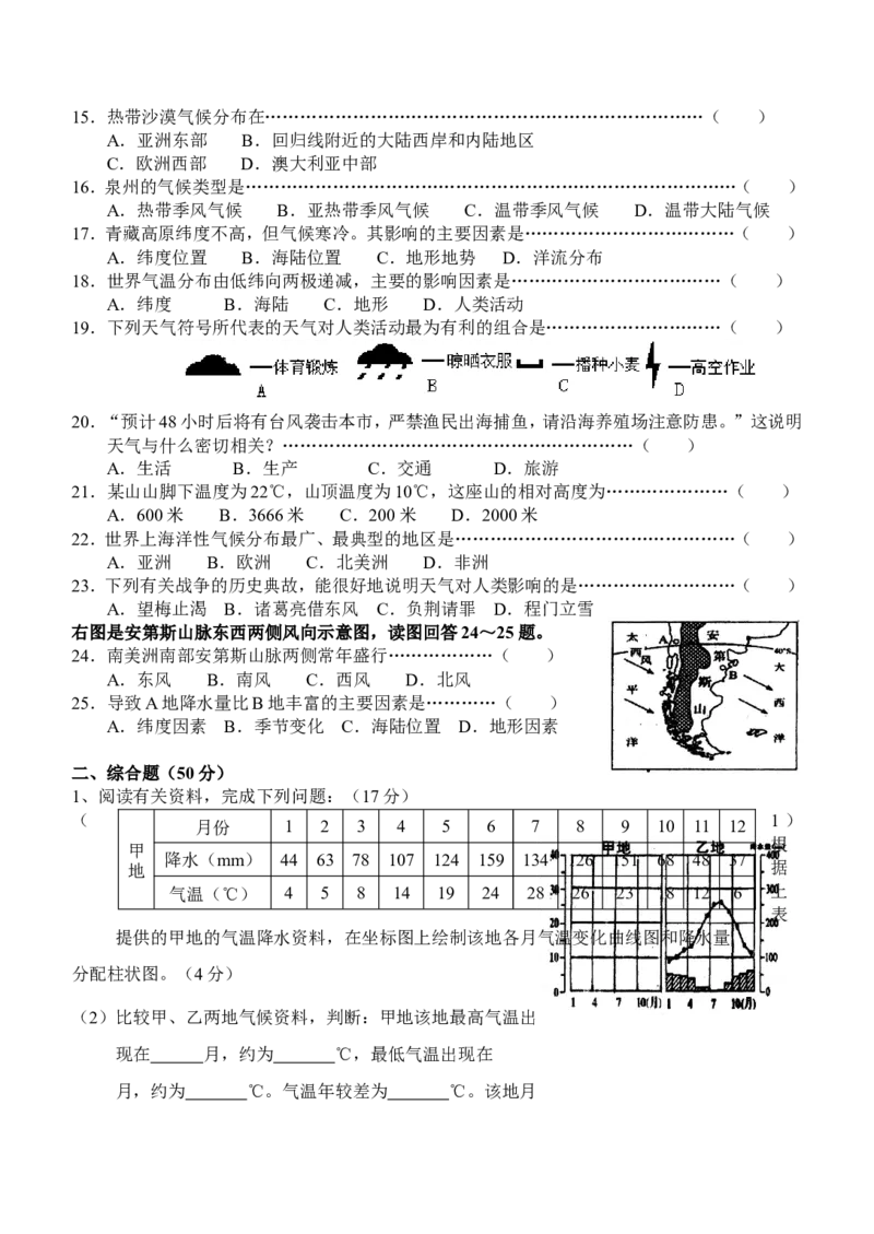 七年级地理同步练习（天气与气候_1、初中学习资料_4-8、地理_4-8-1、初一地理上册_1.地理7上同步练习（31份）_第二套备用7年级上册同步训练及答案（17份）