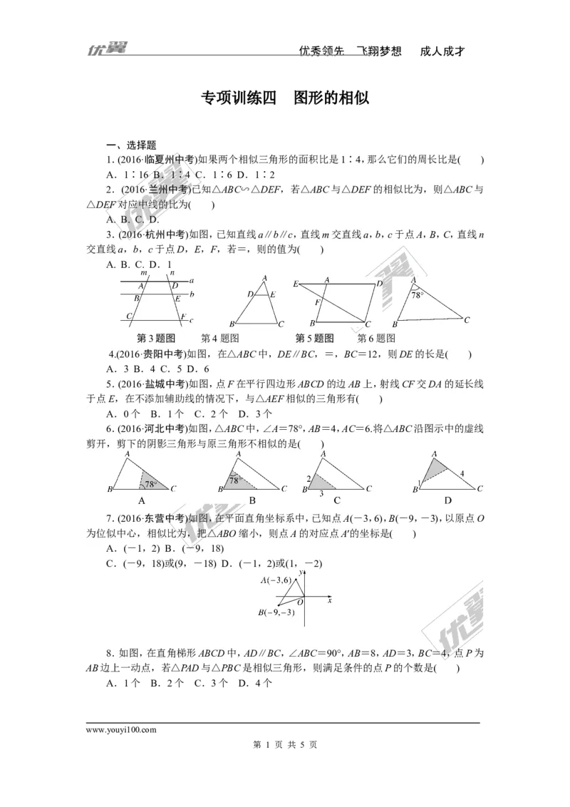 专项训练四　图形的相似_1、初中学习资料_4-2、数学_北师大版_北师大版初中数学9下_九年级全册复习专项训练