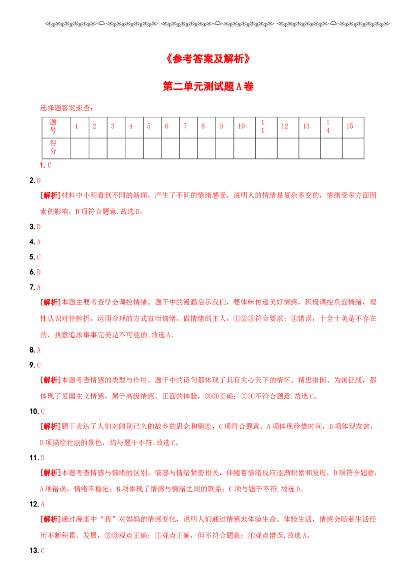 〖卷04〗第二单元++《做情绪情感的主人》测试题A卷-2021-2022学年七年级道德与法治下学期综合优化检测AB卷_1、初中学习资料_4-9、政治_4-9-2、初一道法下册_2.道法7下单元测试（11份）