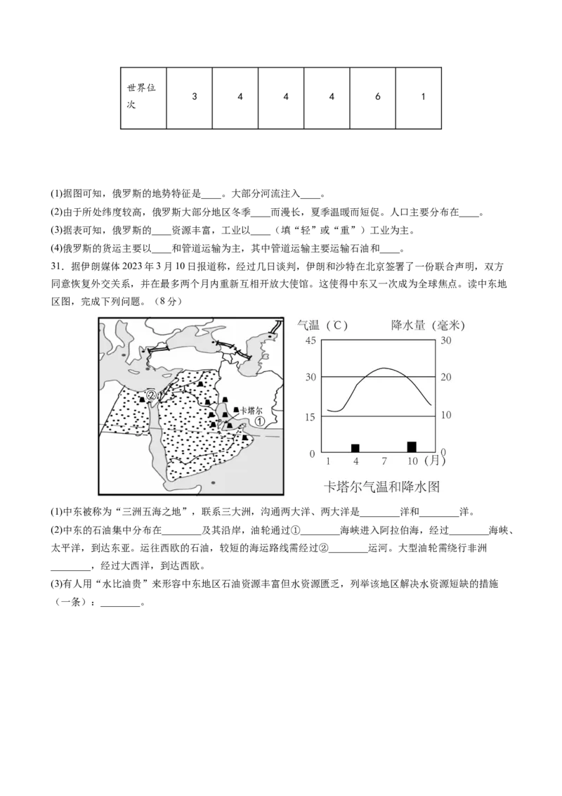 七年级地理下册期中测试（B卷&middot;真题演练卷）-单元测试2022-2023学年七年级地理下册分层训练AB卷（人教版）（原卷版）_new_1、初中学习资料_4-8、地理_4-8-2、初一地理下册
