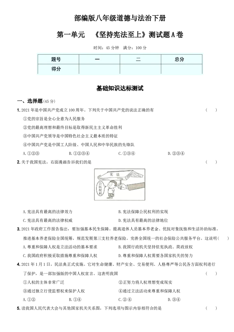 〖卷01〗第一单元《坚持宪法至上》测试题A卷-2021-2022学年八年级道德与法治下学期综合优化检测AB卷_1、初中学习资料_4-9、政治_4-9-4、初二道法下册_2.道法8下单元测试（21份）