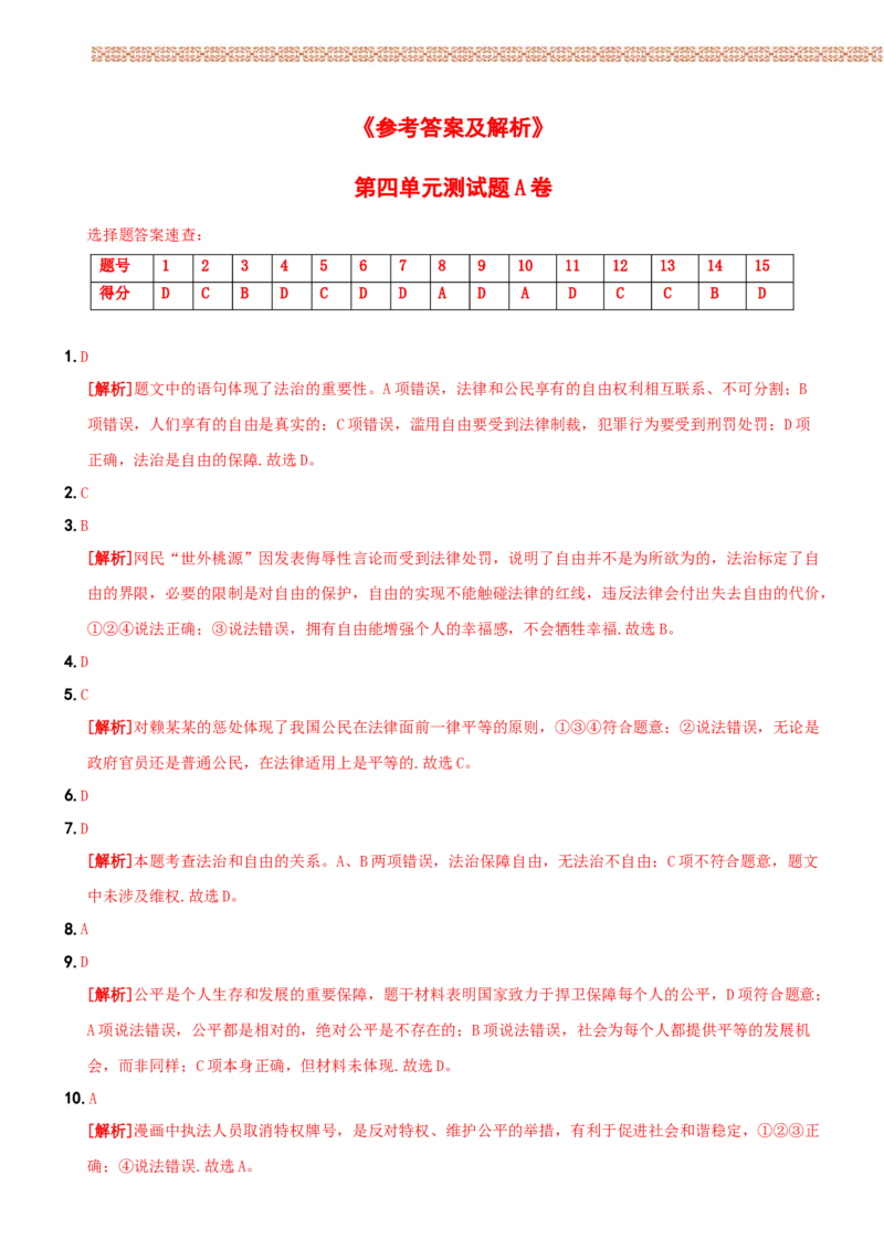 〖卷10〗第四单元《崇尚法治精神》测试题A卷-2021-2022学年八年级道德与法治下学期综合优化检测AB卷_1、初中学习资料_4-9、政治_4-9-4、初二道法下册_2.道法8下单元测试（21份）