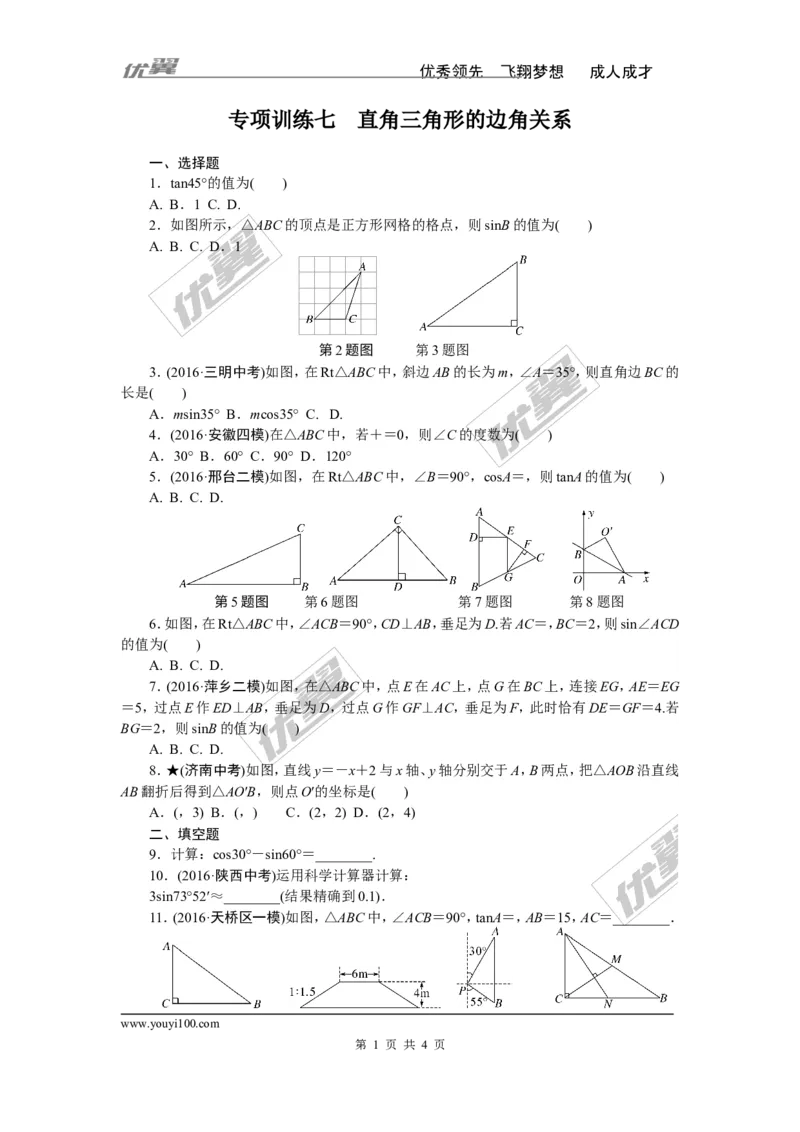 专项训练七　直角三角形的边角关系_1、初中学习资料_4-2、数学_北师大版_北师大版初中数学9下_九年级全册复习专项训练