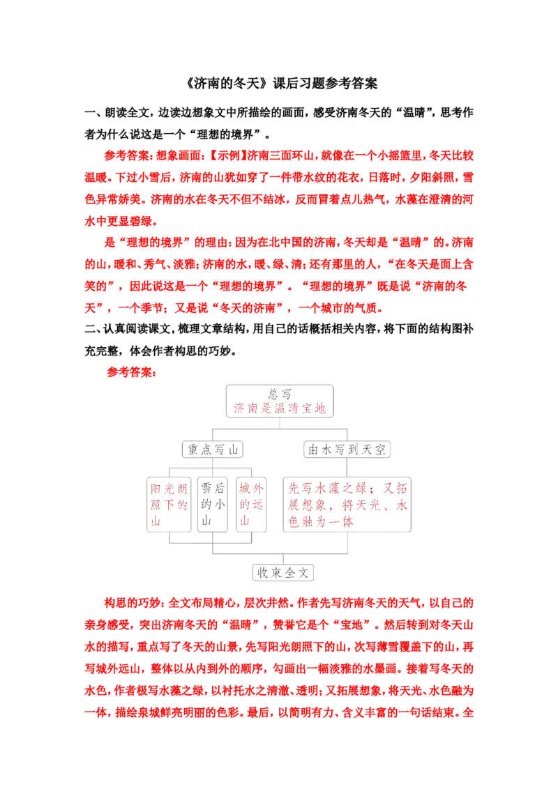 《济南的冬天》课后习题参考答案_1、初中学习资料_2024秋改版_人教七上语文新版课件_3.课件PPT04套_1.第一单元_2济南的冬天考点精讲版