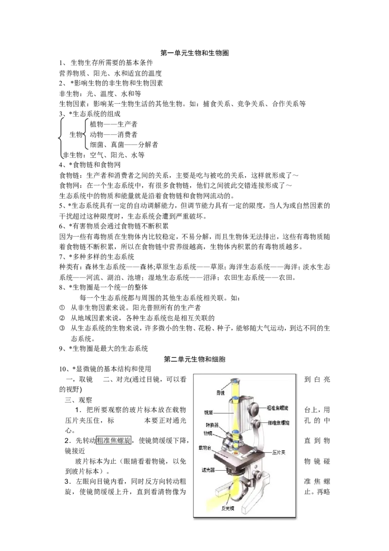 七年级生物上册复习资料_1、初中学习资料_4-6、生物_4-6-1、初一生物上册_知识点总结