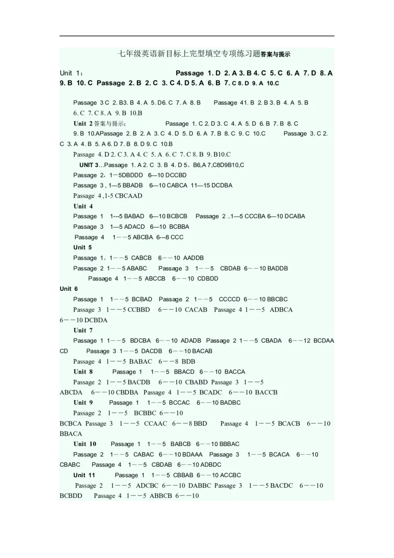 七年级英语新目标上完型填空专项练习题答案与提示_1、初中学习资料_4-3、英语_4-3-1、初一英语上册_人教英语七年级上专项练习（016份）_其他专项