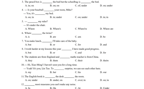 七年级英语上册Unit4Whereismyschoolbag含答案_1、初中学习资料_4-3、英语_4-3-1、初一英语上册_人教英语七年级上单元试卷（092份）_单元测试卷3（无听力）