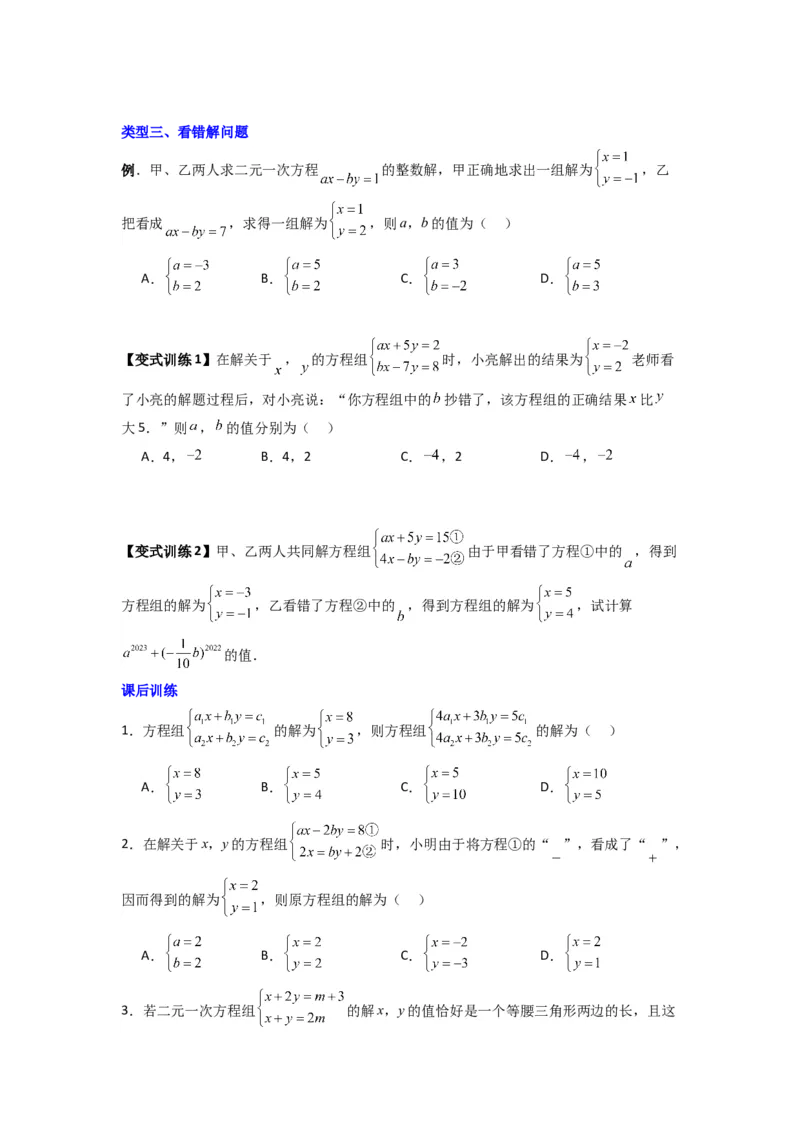 专题10二元一次方程组特殊解的三种考法（原卷版）（北师大版）_1、初中学习资料_24秋试卷_初中数学《常考压轴题攻略》_常考压轴题最新八年级数学上册压轴题攻略（北师大版）