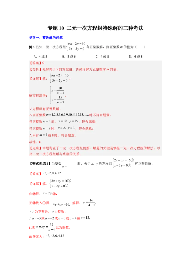 专题10二元一次方程组特殊解的三种考法（解析版）（北师大版）_1、初中学习资料_24秋试卷_初中数学《常考压轴题攻略》_常考压轴题最新八年级数学上册压轴题攻略（北师大版）