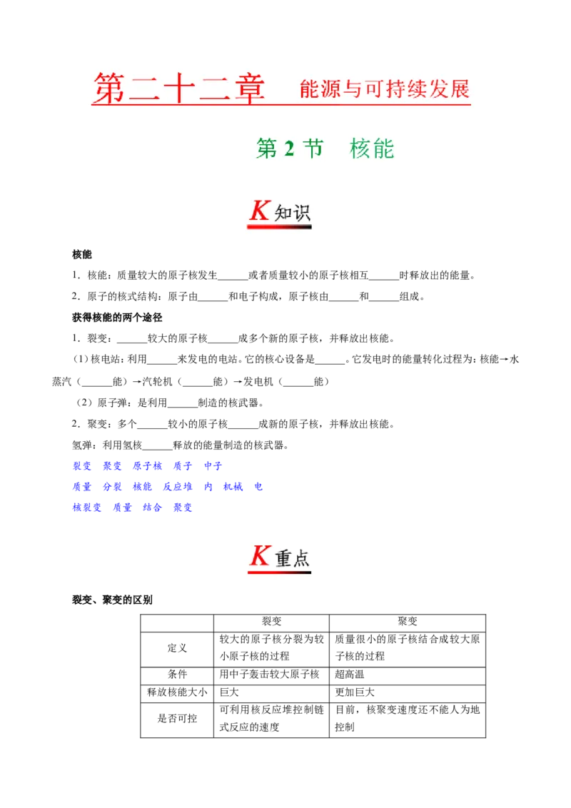 专题22.2核能--九年级物理人教版_1、初中学习资料_4-4、物理_4-4-5、初三物理全册_2024更新_人教版初中物理九年级章末测试专题讲义（新）