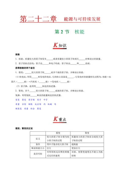 专题22.2核能--九年级物理人教版_1、初中学习资料_4-4、物理_4-4-5、初三物理全册_2024更新_人教版初中物理九年级章末测试专题讲义（新）