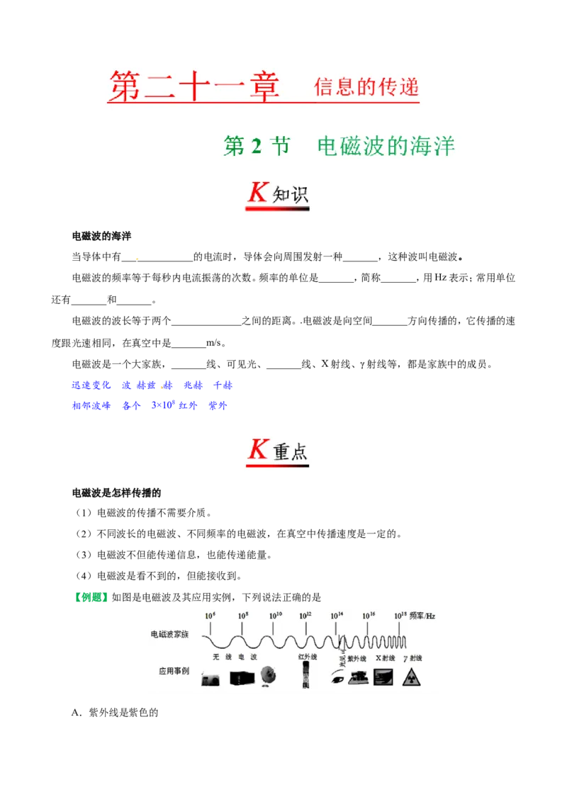 专题21.2电磁波的海洋--九年级物理人教版_1、初中学习资料_4-4、物理_4-4-5、初三物理全册_2024更新_人教版初中物理九年级章末测试专题讲义（新）