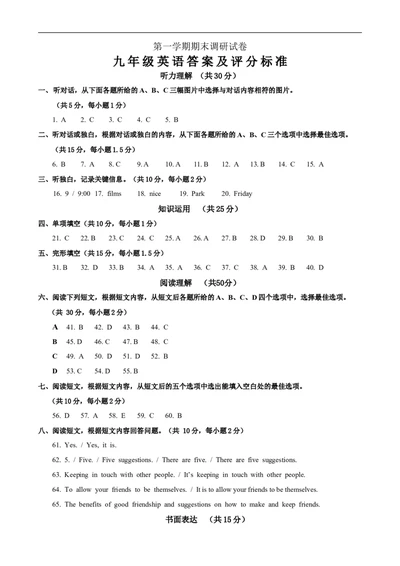 九年级上学期期末考试英语试题答案_1、初中学习资料_4-3、英语_4-3-5、初三英语全册_人教英语九年级全册期末试卷（015份）_人教版九年级英语期末测试_09（含听力，附答案）