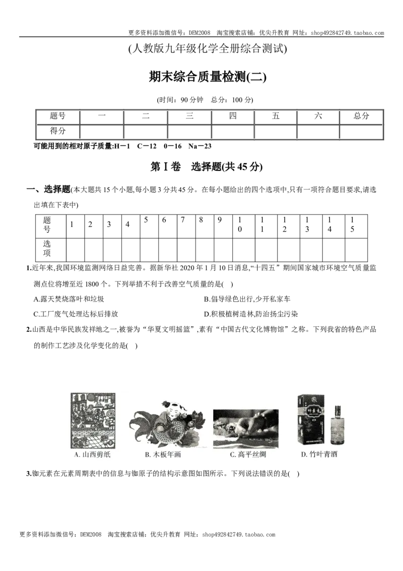 九年级全册期末测试卷（二）（人教版）_1、初中学习资料_4-5、化学_4-5-5、初三化学下册_人教化学九年级下期末试卷（006份）