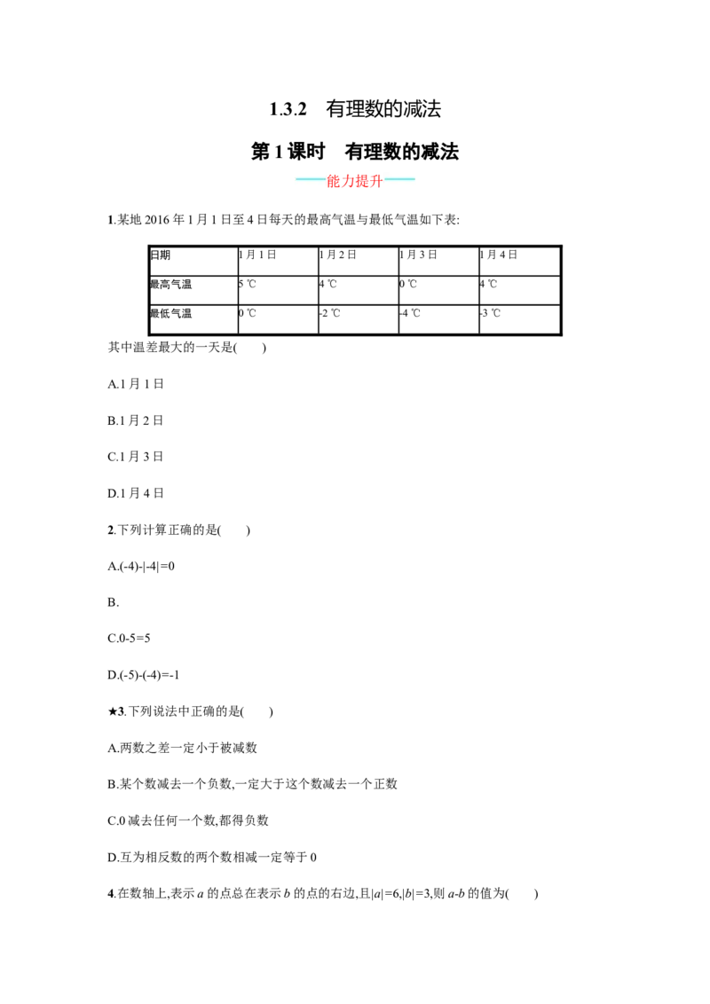 人教版七上：1.3.2.1《有理数的减法》课时练习（含答案）_1、初中学习资料_4-2、数学_4-2-1、初一数学上册_人教数学七年级上课时练习（180份）_同步练习（第2套含答案）（共71份）