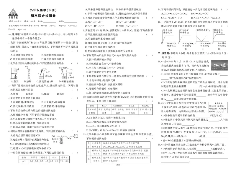 人九化学全册复习_1、初中学习资料_24秋试卷_《期中模拟卷》24秋_7-9下册（2024春）_初中化学《期中试卷》9下册（人教版）