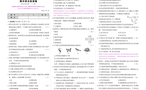人八生上答案_1、初中学习资料_24秋试卷_《期中模拟卷》24秋_7-9上册（2024秋）_初中生物《期中模拟卷》7-8上册（人教版）