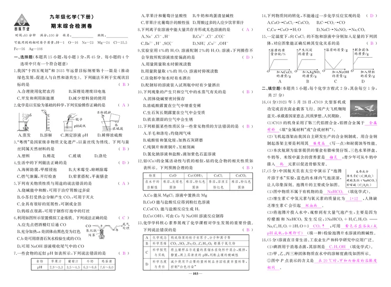 人九化学全册复习答案_1、初中学习资料_24秋试卷_《期中模拟卷》24秋_7-9下册（2024春）_初中化学《期中试卷》9下册（人教版）
