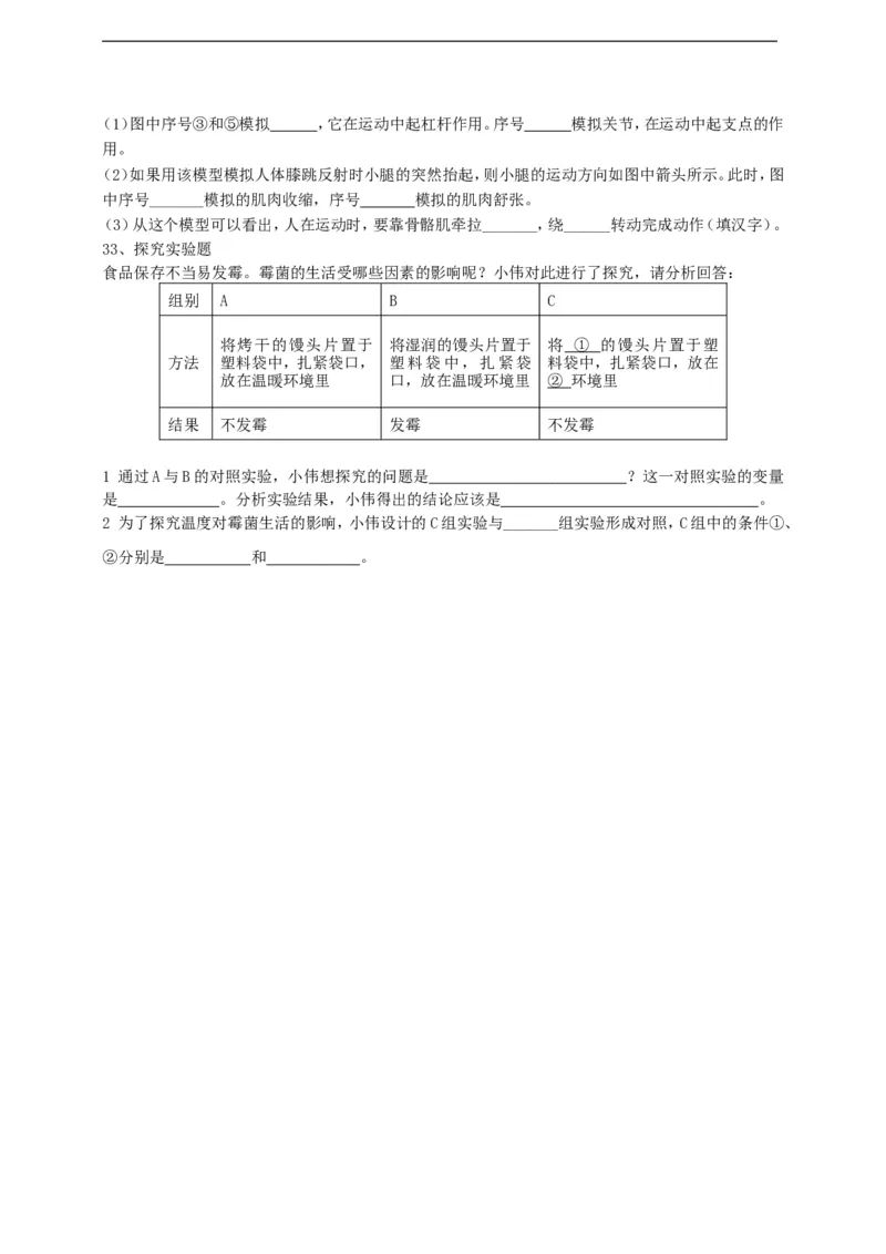 人教版初中生物学八年级上册期末测试题2_1、初中学习资料_4-6、生物_4-6-3、初二生物上册_4、期末试卷（35份）