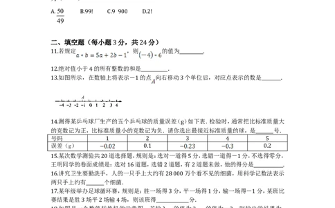 北师大版七年级数学上册第2章《有理数及其运算》单元测试试卷及答案（2）_1、初中学习资料_4-2、数学_北师大版_北师大版初中数学7上_最新7年级数学上册试卷148份均附答案_单元测试